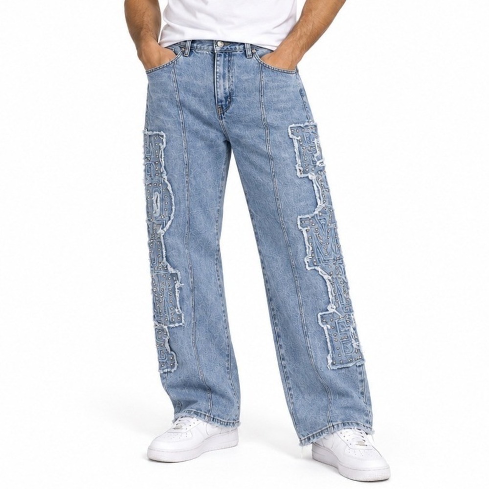 Homme + Femme Jeans Men 36 Light Blue Studded Distressed Streetwear Denim Pants